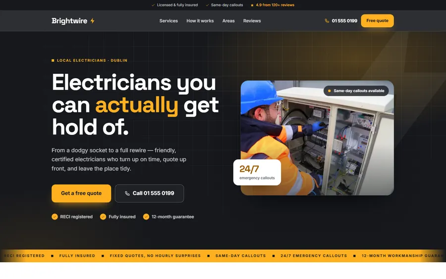 Brightwire electrical services homepage — graphite hero with amber accents